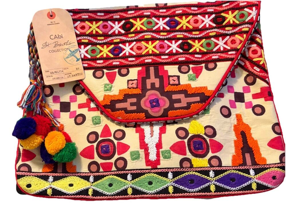 NWT CAbi St. Barth’s Collection Embroidered Boho Clutch Purse Island Girl Surf
